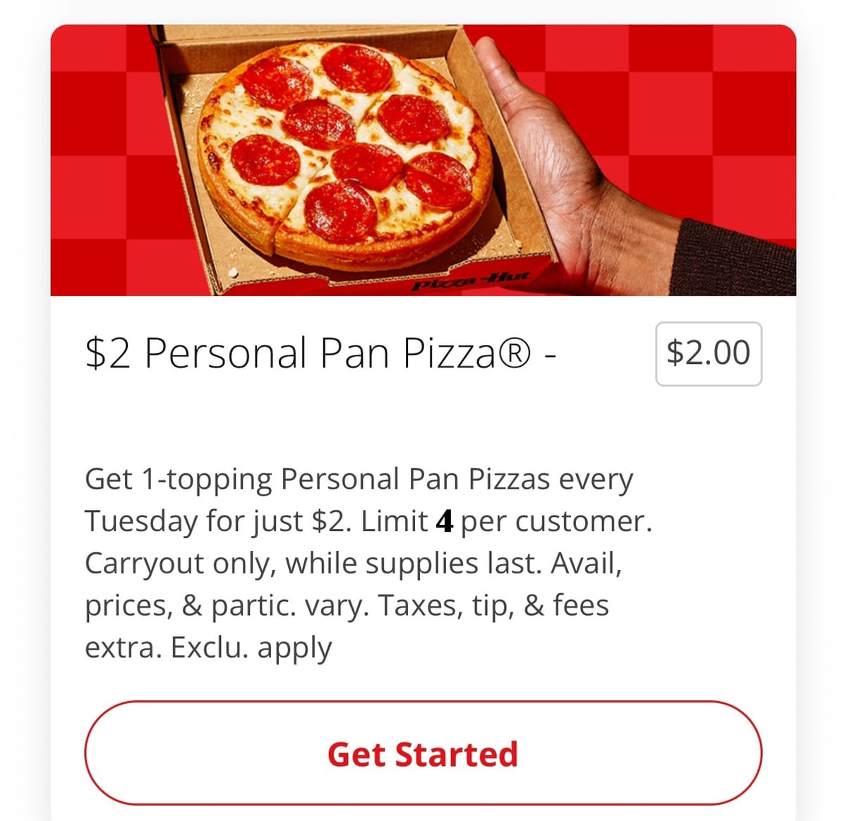 (Food Deal) $2 Personal Pan Pizza at Pizza Hut - Tuesdays!  On App